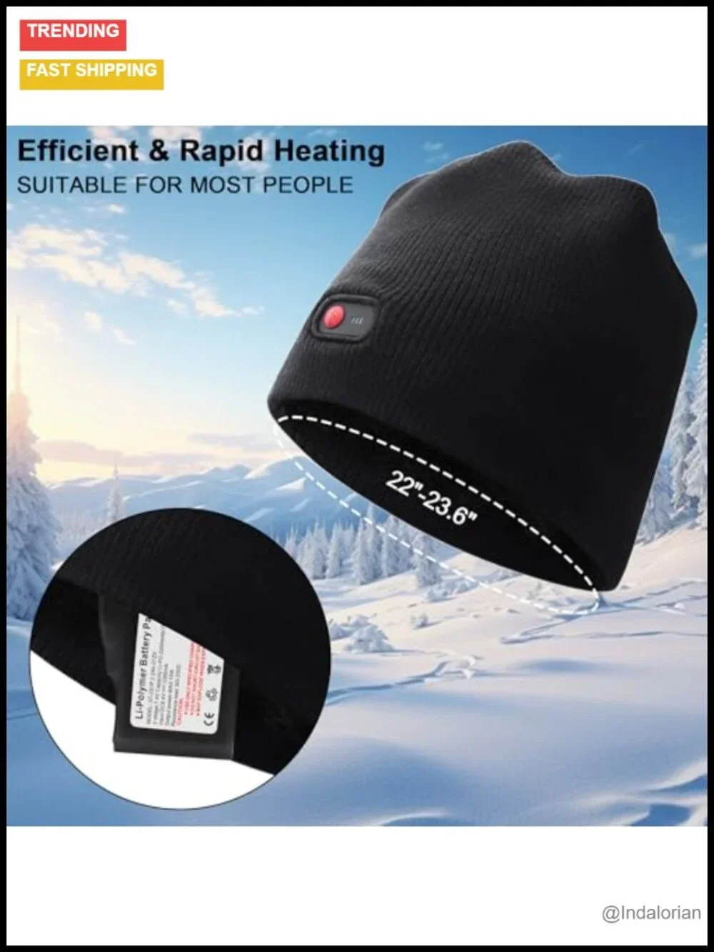Rechargeable Heated Beanie with 3 Temperature Settings, Acrylic & Polyester,